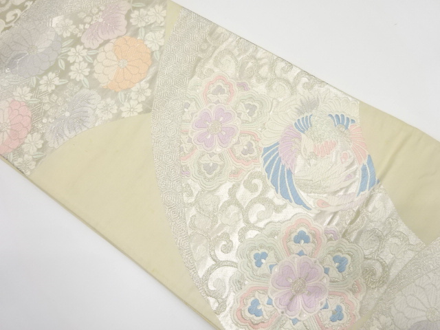 JAPANESE KIMONO / ANTIQUE FUKURO OBI / SILK / WOVEN PHOENIX & FLORAL CREST